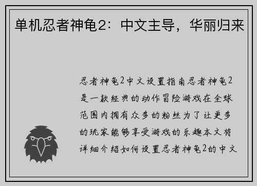 单机忍者神龟2：中文主导，华丽归来